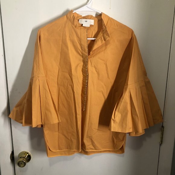 Genny Tops - Genny Pleated Poplin Bell Sleeve Top Gold Trim Placket SZ US 4 Made In Italy